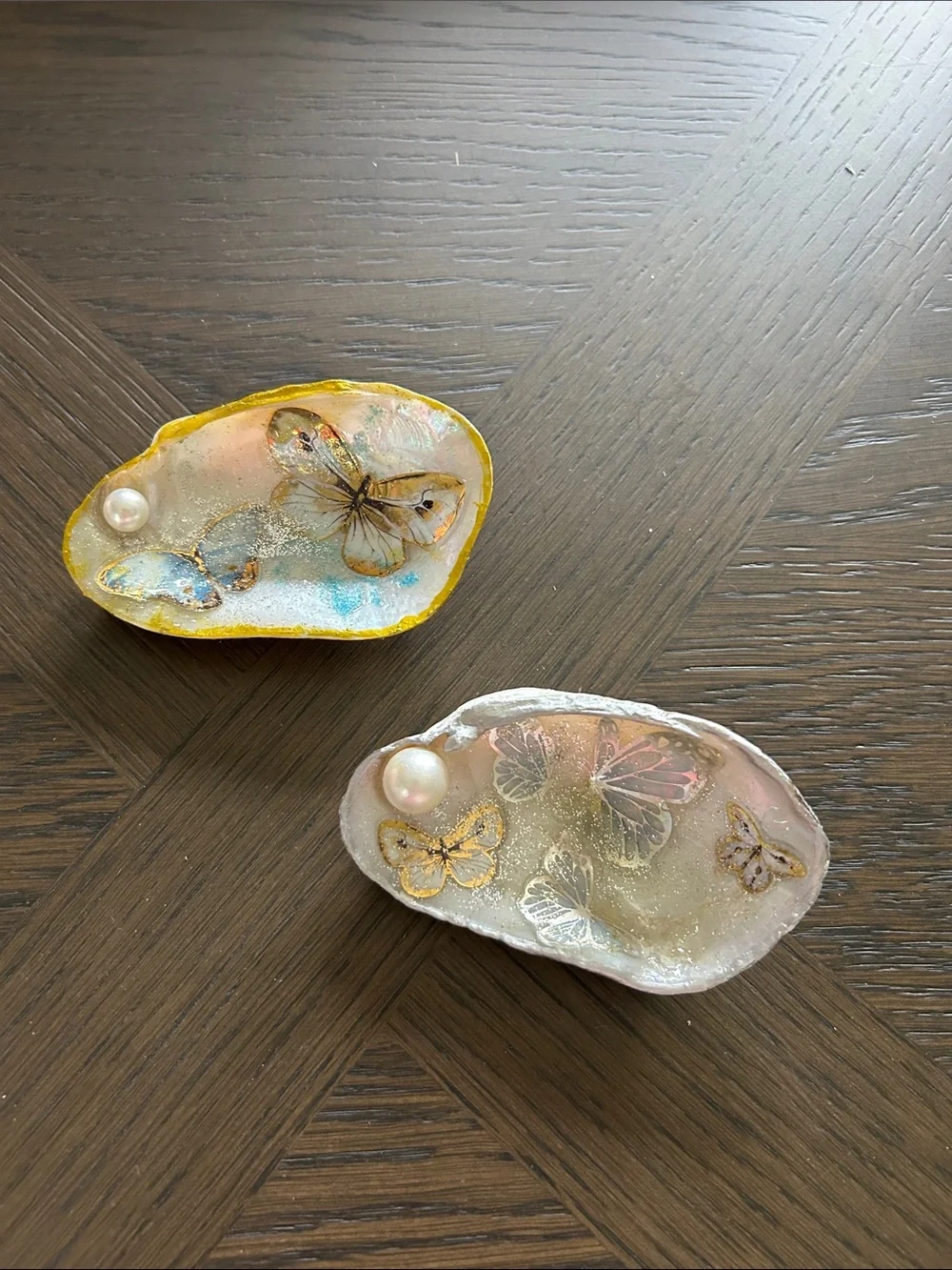 Handmade Butterfly Resin Trinket Dish Shell Pearl Set Accents NWOT